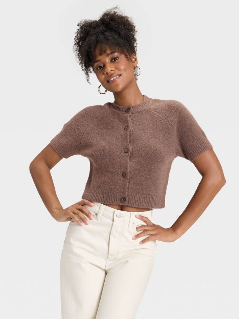Universal Thread Cozy Knit Button Down Short Sleeve Cardigan Sweater Brown Small